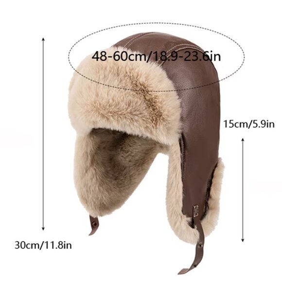 Men’s Winter Trapper Hat Leather Aviator Ushanka Bomber Cap Faux Fur Ear Flaps - Picture 9 of 9